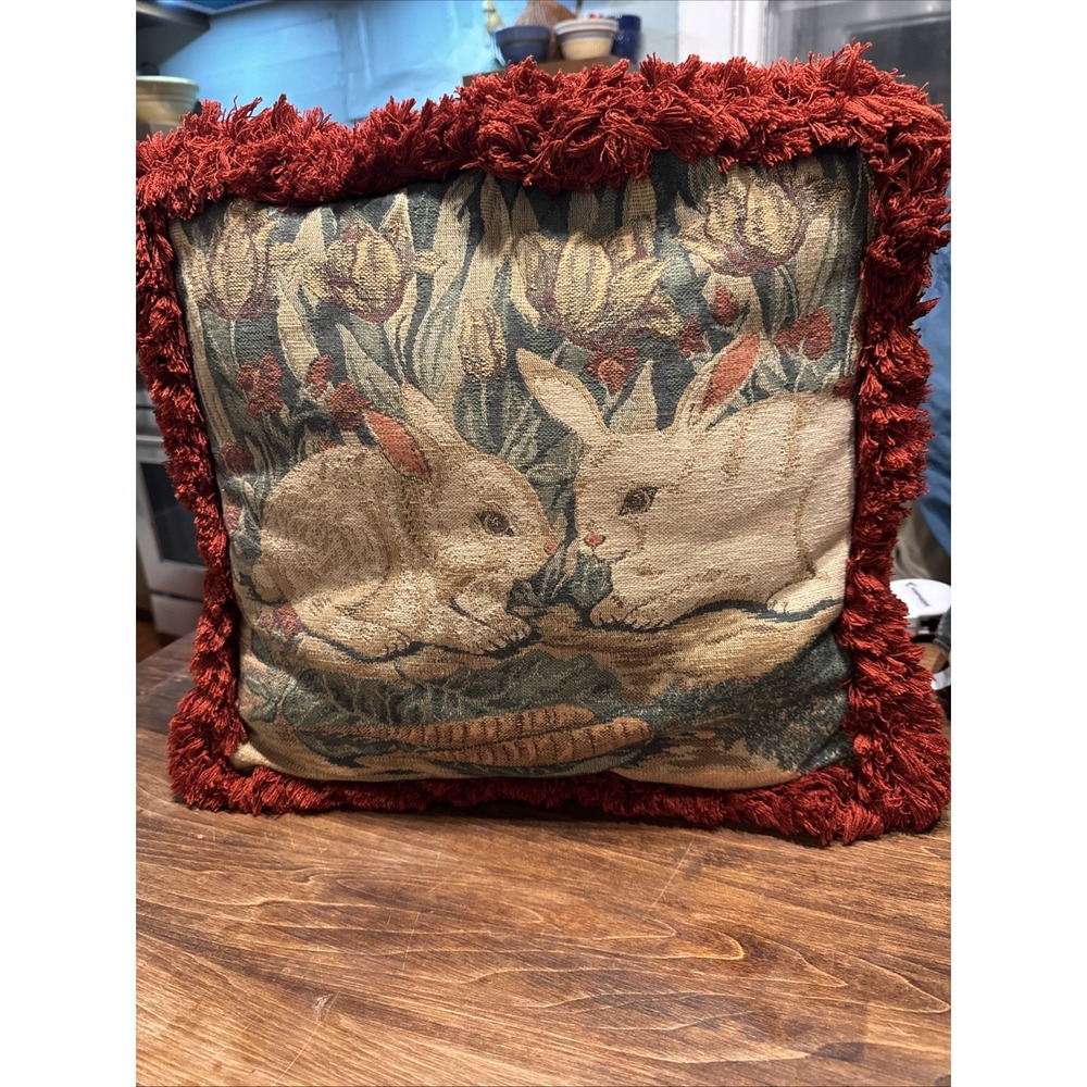 Vintage Tapestry Pillow with Fringe Rabbit Floral Carrots 15 X 15